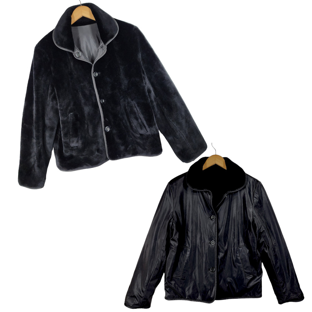 Vtg‎ Learsi Reversible Faux Fur Jacket M Women Black Pockets READ